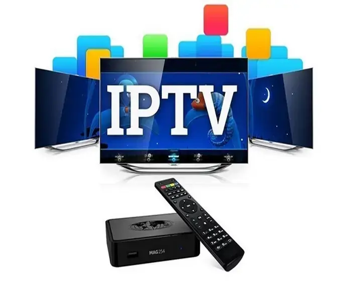 IPTV France affiché sur un téléviseur avec interface moderne.